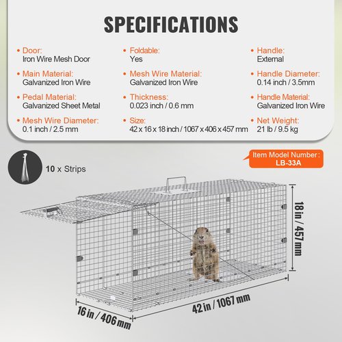 VEVOR Live Animal Cage Trap, 42" x 16" x 18" Humane Cat Trap Galvanized Iron, Folding Animal Trap Cage with Handle for Stray Dogs, Armadillos, Raccoons, Foxes