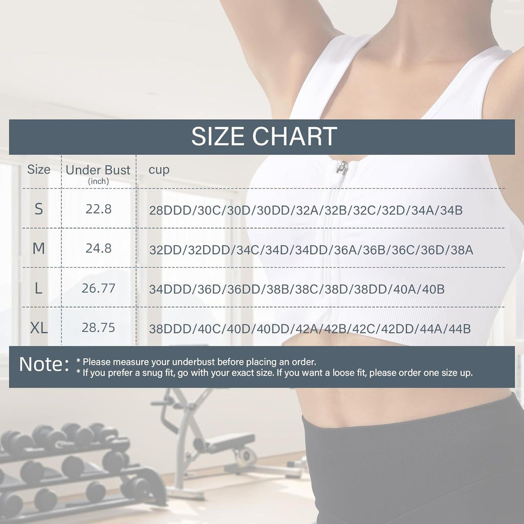 Skiennix Zip Front Sports Bra - Medium Support Racerback with Removable Pads & Double Hooks