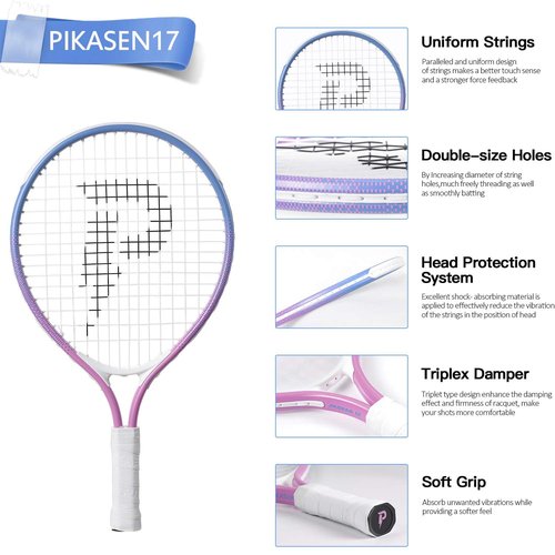 PIKASEN 17-25" Kids Tennis Racket Best Starter Kit for Kids Age 4 and Under with Shoulder Strap Bag and Mini Tennis Racket Toddler Tennis Raquet (19 inch Pink)