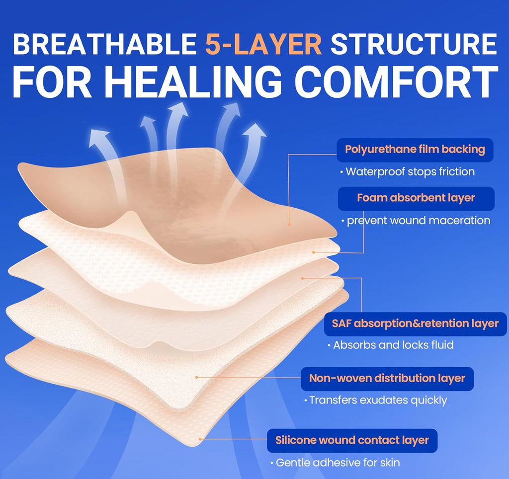 Skiennix Large Waterproof Bandages - Silicone Foam Dressings for Sensitive Skin | 7"x7", 10 PCS