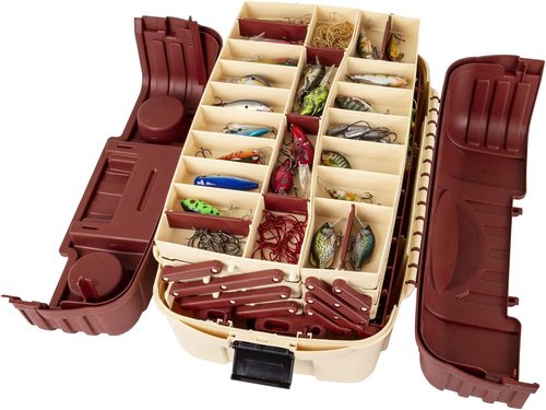 Flambeau Outdoors 2059 Fishing Tackle Box - Large All-Weather 7-Tray Organizer with 61 Compartments, Beige/Terracotta Brown