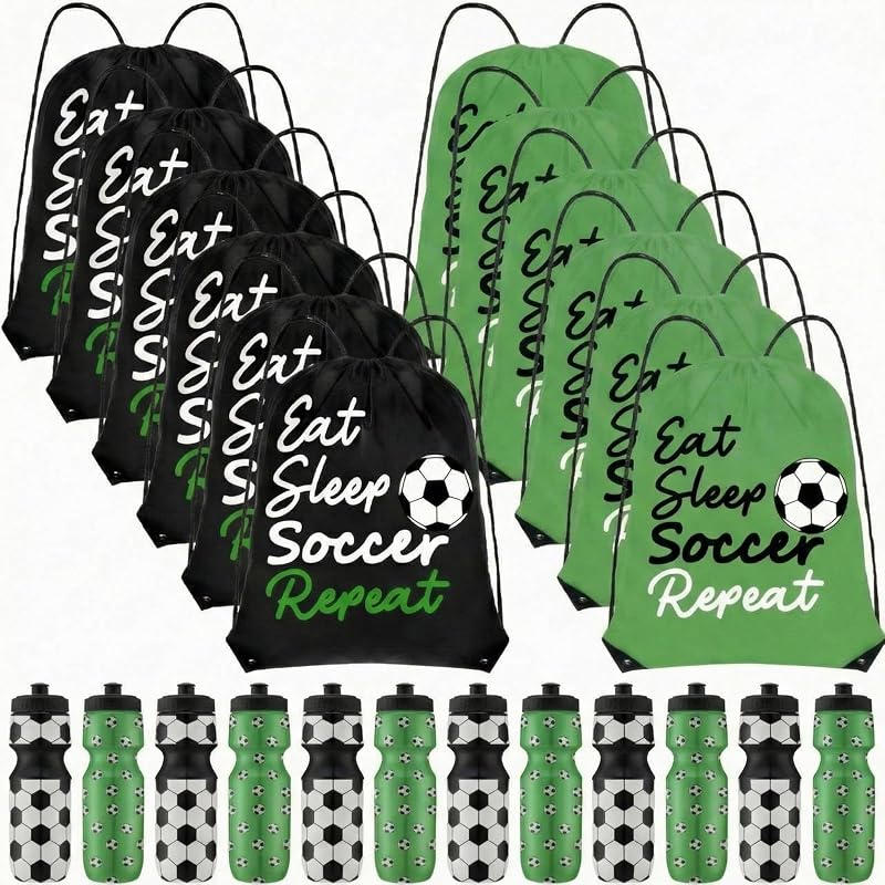 12 Soccer Water Bottles & 12 Drawstring Bags Set - 24 oz Sports Bottle with 13x17 in Bag - Leaks-Proof, Ideal for Soccer Events