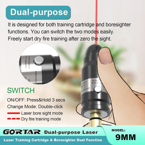GORTAR Laser Training Cartridge - Dual Function Boresighter for Cal 9MM/22LR/17HMR | Dry Fire Practice