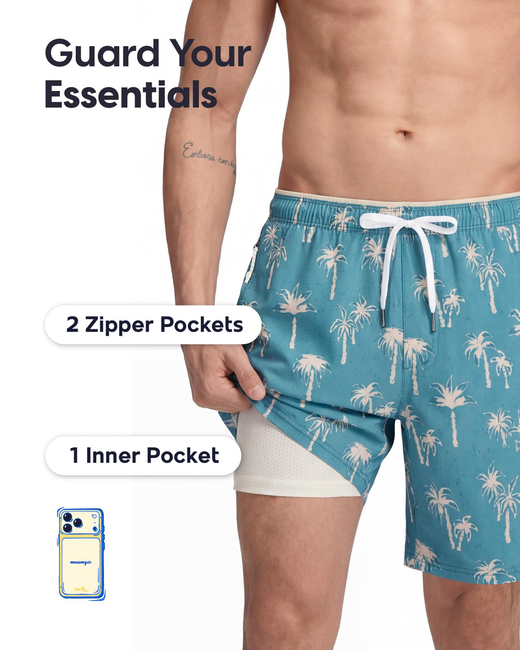 maamgic Mens Swim Trunks 9" with Zipper Pockets, Quick Dry Board Shorts, 4-Way Stretch Compression Lined Bathing Suits, Effortless Flex for Beach, Vacation, Cruise Coconut Tree Gradient Blue Large