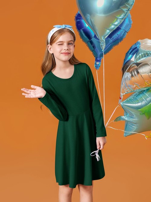Haloumoning Girls A-Line Long Sleeve T-Shirt Dress - Twirly Skater Style for Ages 5-14