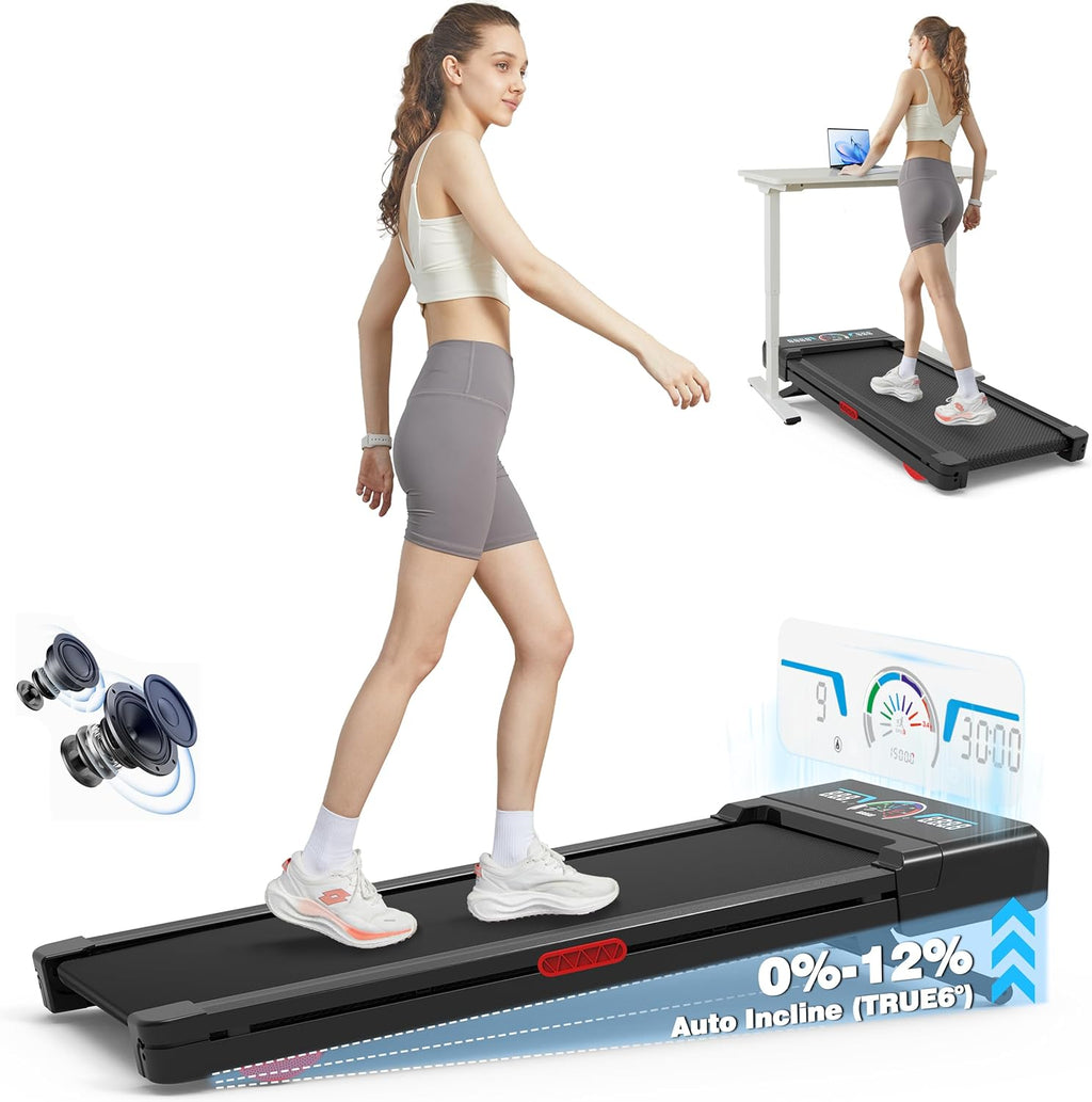 Walking Pad Treadmill - 12% Auto Incline, 450 lbs Capacity, RGB LED Screen & Bluetooth Speaker | Compact Under Desk Design