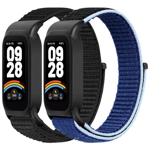 WNIPH Nylon Watch Bands Compatible for Xiaomi Smart Band 9 Active/Redmi Band 3, 2 Pcs Adjustable Breathable Sport Loop Wristband Replacement Straps for Women Men