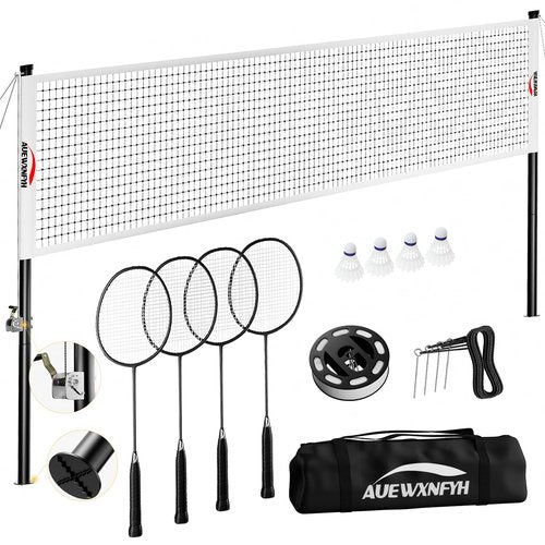 AUEWXNFYH Professional Badminton Set for Backyard: Width-Adjustable Net (20/16/13ft) with Stainless Steel Winch, 1.26" Aluminum Poles, 4 Carbon Composite Rackets (28lbs), Boundary Line & Carry Bag