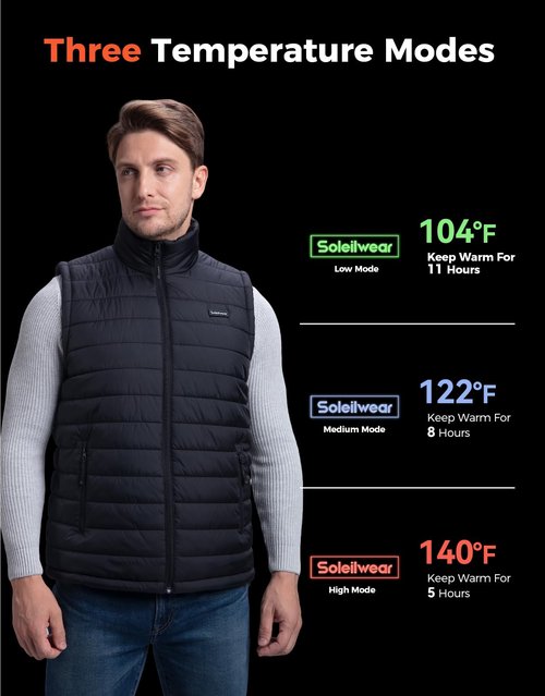 Soleilwear Mens Heated Vest with 12000mAh Battery, 9 Heated Zones Lightweight Rechargeable Vest for Camping Ski Outdoor