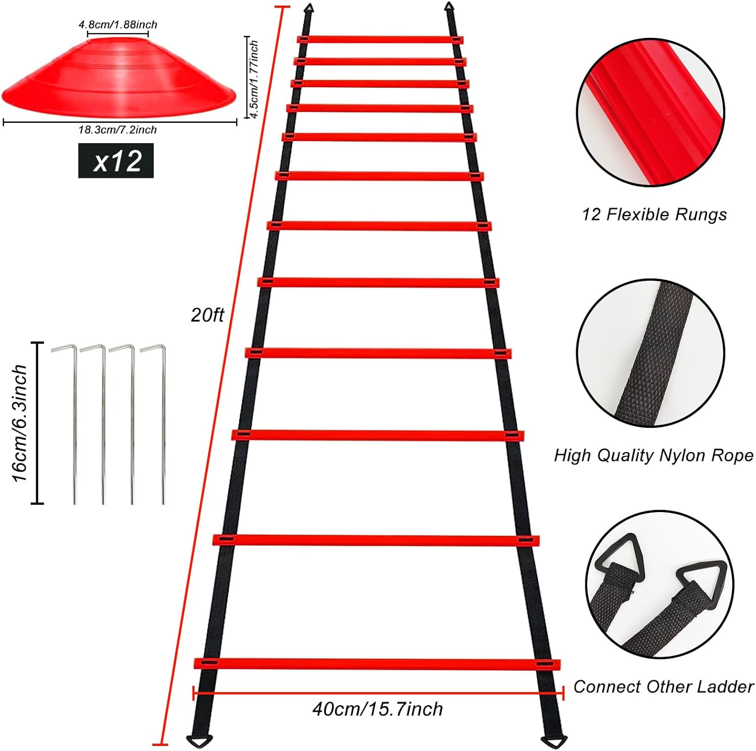 Professional Agility Ladder - 20ft Speed Training Set with 12 Soccer Cones, 4 Hurdles & Parachute