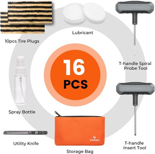 ETENWOLF Heavy Duty Tire Repair Kit - 16 Pcs Flat Tire Plug Set for Car, Motorcycle, ATV, Truck | Grey