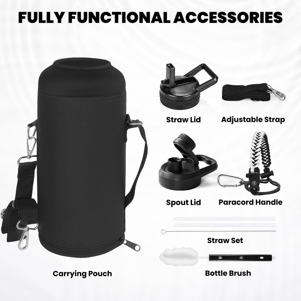 RAYMYLO Insulated Water Bottle 87 oz, Triple Wall Vacuum Stainless Steel (Cold for 48 Hrs), Leak Proof & Non-BPA, Modern Water Flask Jug with Paracord Handle & Straw Spout Lids, Ombre: White/Black