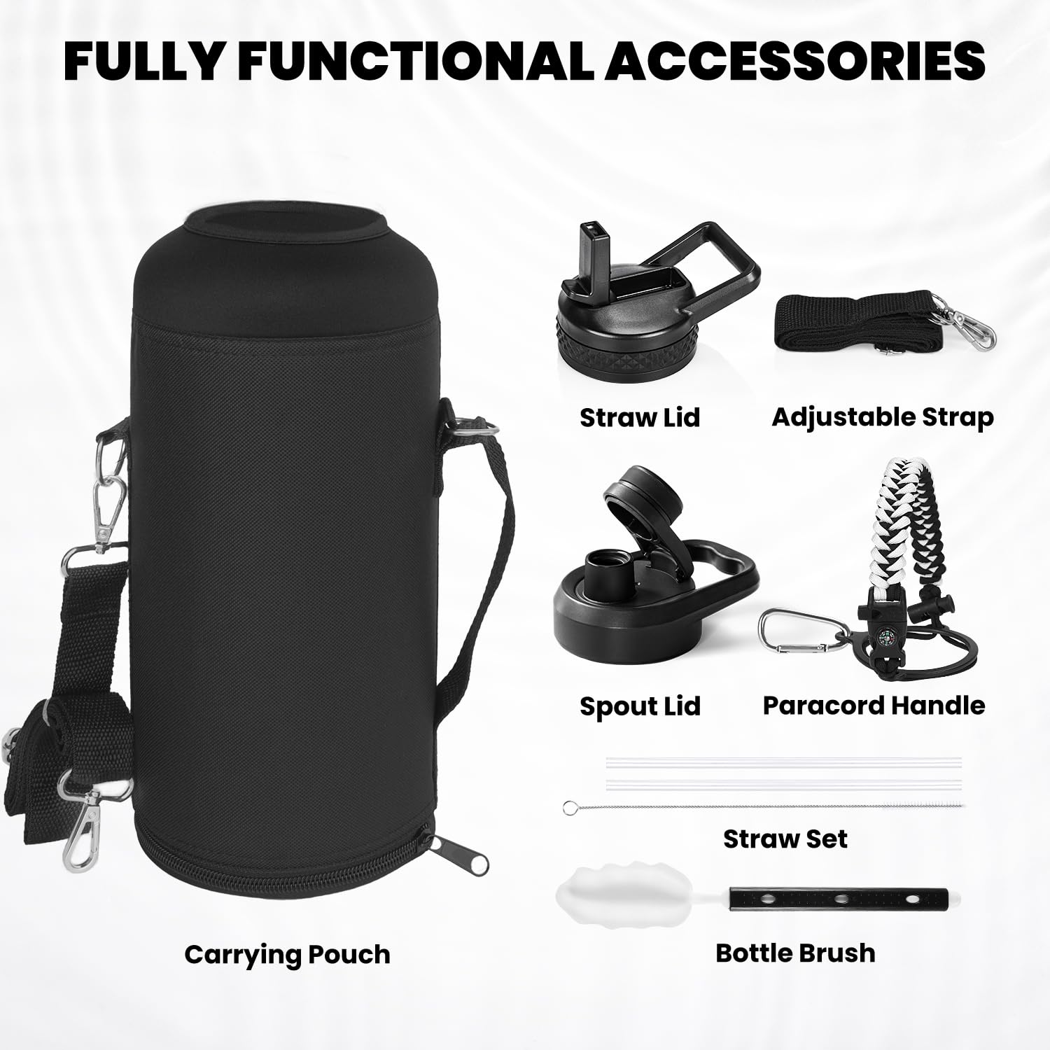 RAYMYLO Insulated Water Bottle 87 oz, Triple Wall Vacuum Stainless Steel (Cold for 48 Hrs), Leak Proof & Non-BPA, Modern Water Flask Jug with Paracord Handle & Straw Spout Lids, Ombre: White/Black
