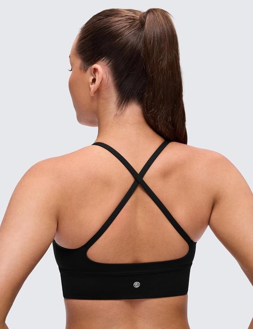 CRZ YOGA Butterluxe Sports Bra - Padded V Neck Longline Crop Top with Spaghetti Straps for Women