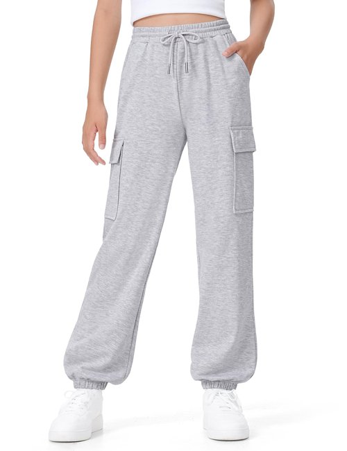 BOOPH Girls Sweatpants Kids Baggy Cargo Pants Athletic Drawstring Jogger Pants with Pockets Grey 11-12 Years