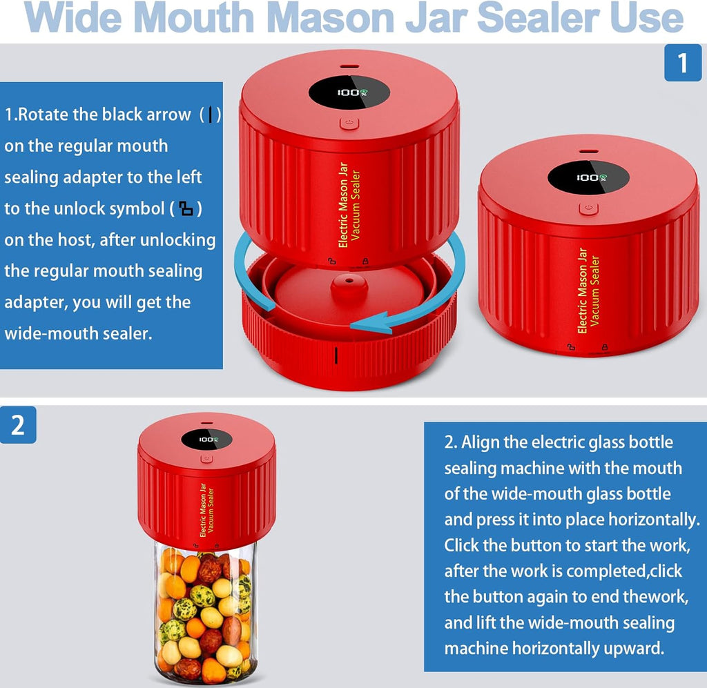 Skiennix Electric Mason Jar Vacuum Sealer Kit - Ideal for Wide & Regular Mouth Jars - Red