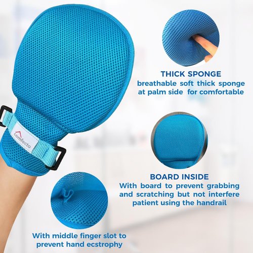 Comfecto 2pcs Dementia Restraint Gloves Finger Control Mitt for Adult Elderly with Straps and Breathable Thick Soft Sponge, Safety Hand Gloves Protector to Prevent Scratching Self Injury