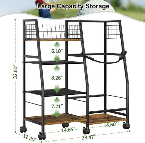 Golf Bag Garage Storage Rack - Sturdy Wood & Metal Organizer with Wheels for Single Bag | Black