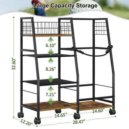 DAOUTIME Golf Bag Garage Storage Rack with Wheels, Organizer for Single Golf Bag and Equipment Accessories, Ideal for Home, Garage, Club, Shed, Basement - Sturdy Wood and Metal Construction (Black)