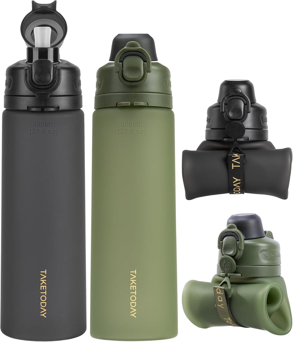 TakeToday Collapsible Water Bottle - 21oz Foldable Platinum Silicone with Straw & Carry Strap | BPA-Free, Leak-Resistant