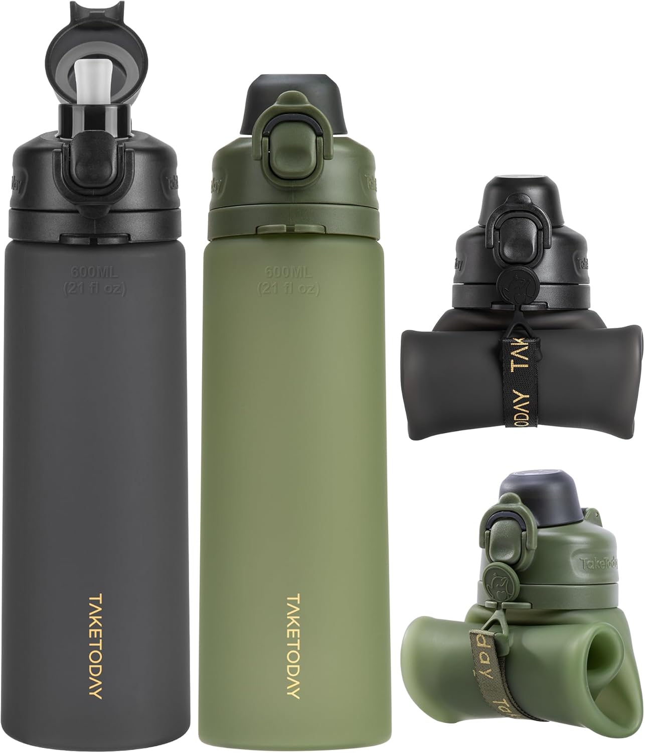TakeToday Collapsible Water Bottle - 21oz Foldable Platinum Silicone with Straw & Carry Strap | BPA-Free, Leak-Resistant