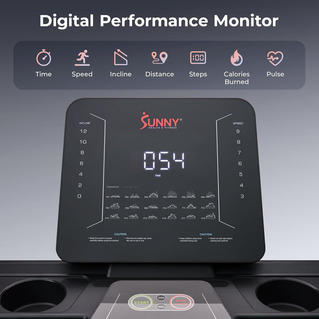Sunny Health & Fitness Smart Treadmill - Heavy-Duty Auto Incline with 20" Running Deck & Free App Access