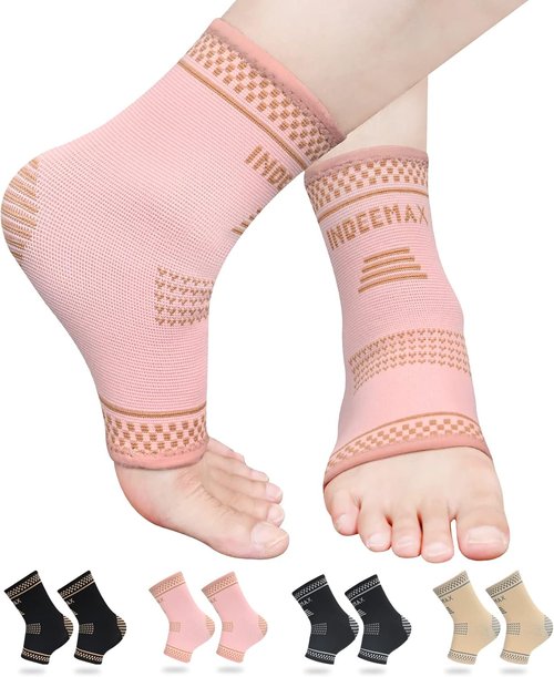INDEEMAX Copper Ankle Brace - Compression Support Sleeve for Plantar Fasciitis | Medium Golden Pink
