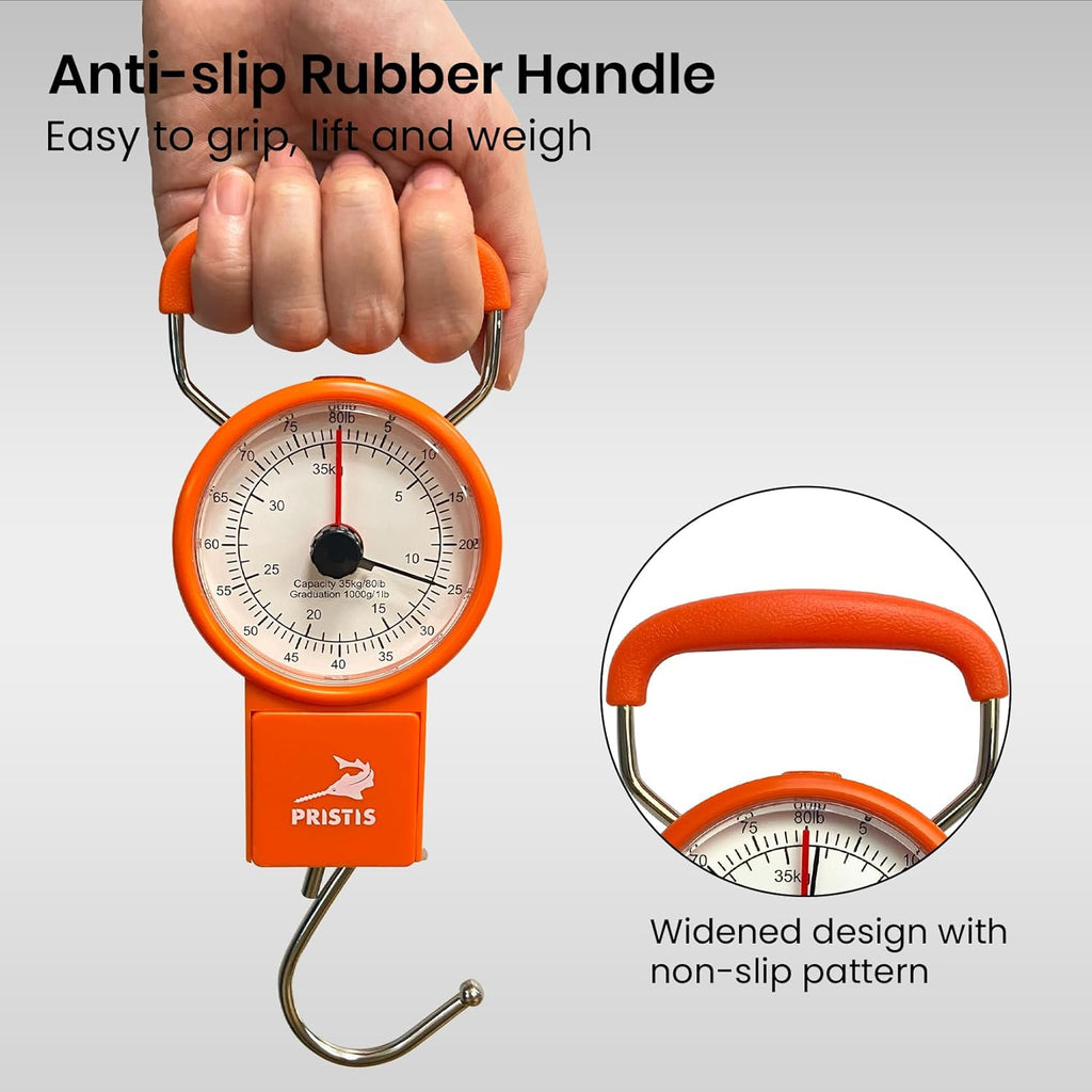 Pristis Fishing Hanging Scale - 80 LBs Analog Spring Hook Scale with Tape Measure & Non-Slip Handle