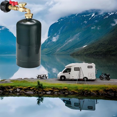 Shrandi Propane Refill Adapter with Valve and Gauge, Fill 1 lb Bottles from 20lb Tank, 90-Degree Elbow Design, Solid Brass Fits QCC1/Type1 to 1 lb Disposable Cylinders, Includes Sealing Tape