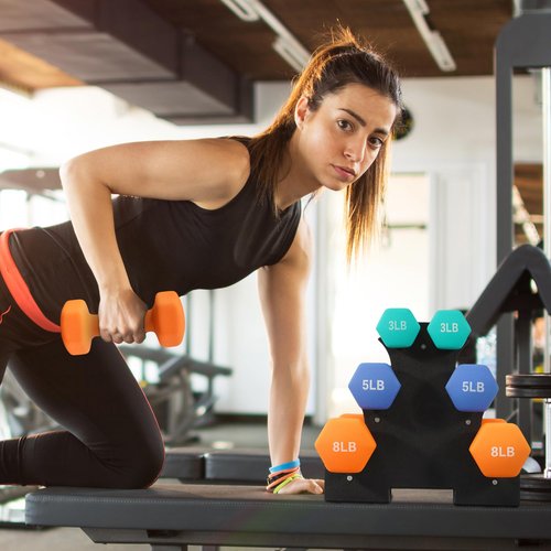 Fitvids Colored Neoprene Dumbbell Set with Rack, 32LB Set: 3/5/8LB Pairs, Color Series