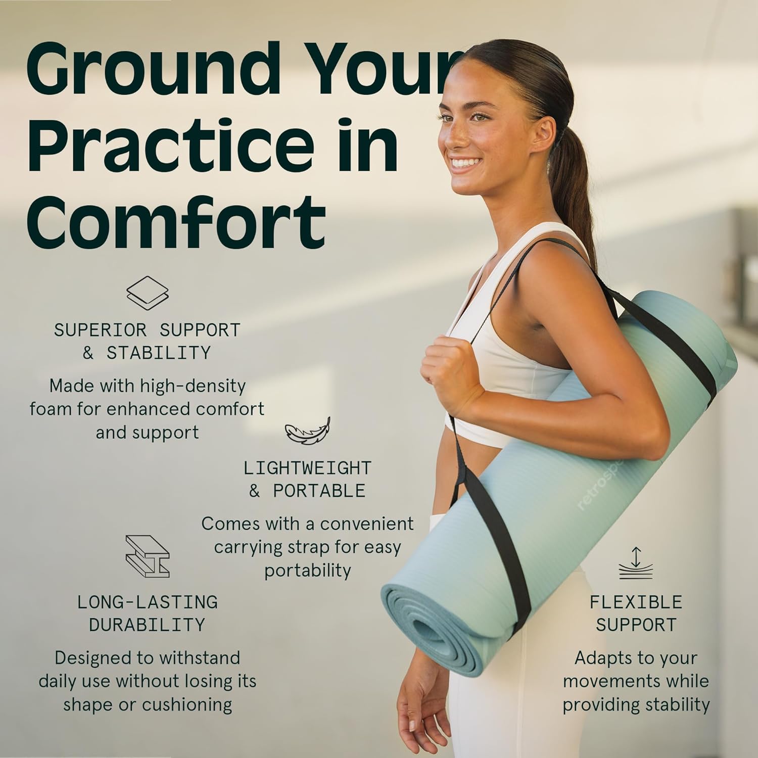 Retrospec Solana Yoga Mat - 1" Thick Non-Slip Exercise Mat with Nylon Strap for Home Workouts | Ideal for Yoga, Pilates, Stretching