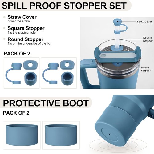 HYZ Silicone Spill Proof Stopper Set - 8 Piece Accessories for Stanley H2.0 Tumblers | Indigo