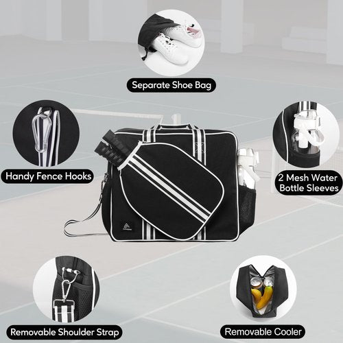Fenewgaga Pickleball Bags For Women&Man | Pickleball Bags With Insulated Drink Cooler Bag Fence Hooks | Pickleball Gift | Pickleball Tote Bag With Shoe Bag | Cute Pickleball Bag (Black)
