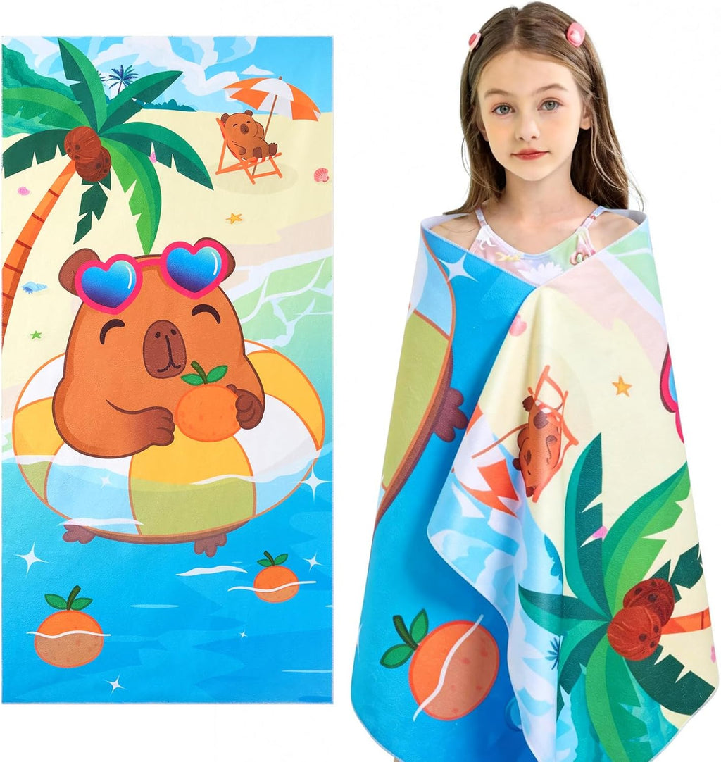 WERNNSAI Kids Beach Towel - Quick Dry, Sand-Free Capybara Design | 30” x 60” Soft Travel Towel