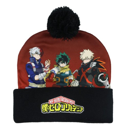 Bioworld My Hero Academia Beanie Deku Shoto Bakugo Sublimated Knit Cuffed Winter Hat with Pom Multicolored