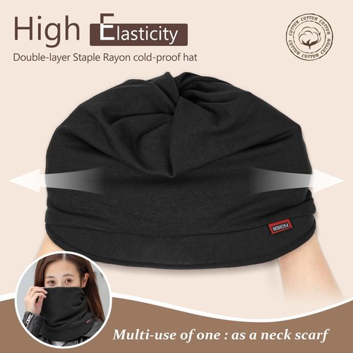 FADACHY Soft Hat for Women - Double-Layer Slouchy Beanie Cap Fashion Visor Hats, Autumn Spring Skull Cap with Brim/Ponytail Hole, Running Hat Black