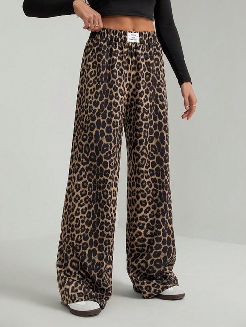 GORGLITTER Women's Leopard Pants Cheetah Print Wide Leg Elastic High Waisted Baggy Sweatpants Brown X-Large