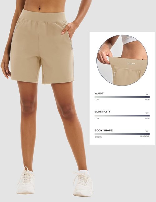 MAGCOMSEN Women's High Waisted Hiking Golf Shorts - Lightweight Stretchy Athletic Design, 7" Length