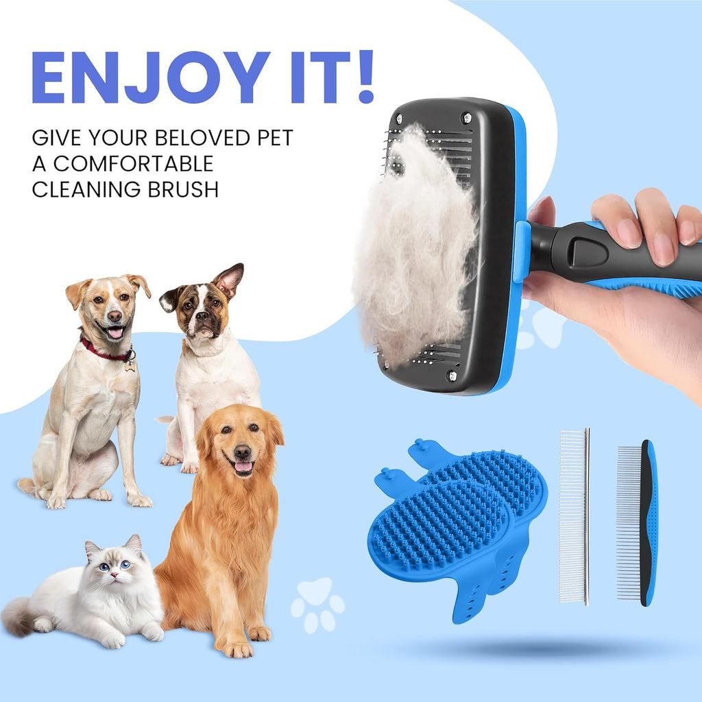 Skiennix Self-Cleaning Shedding Brush - 5-in-1 Professional Grooming Kit for Dogs & Cats | Blue