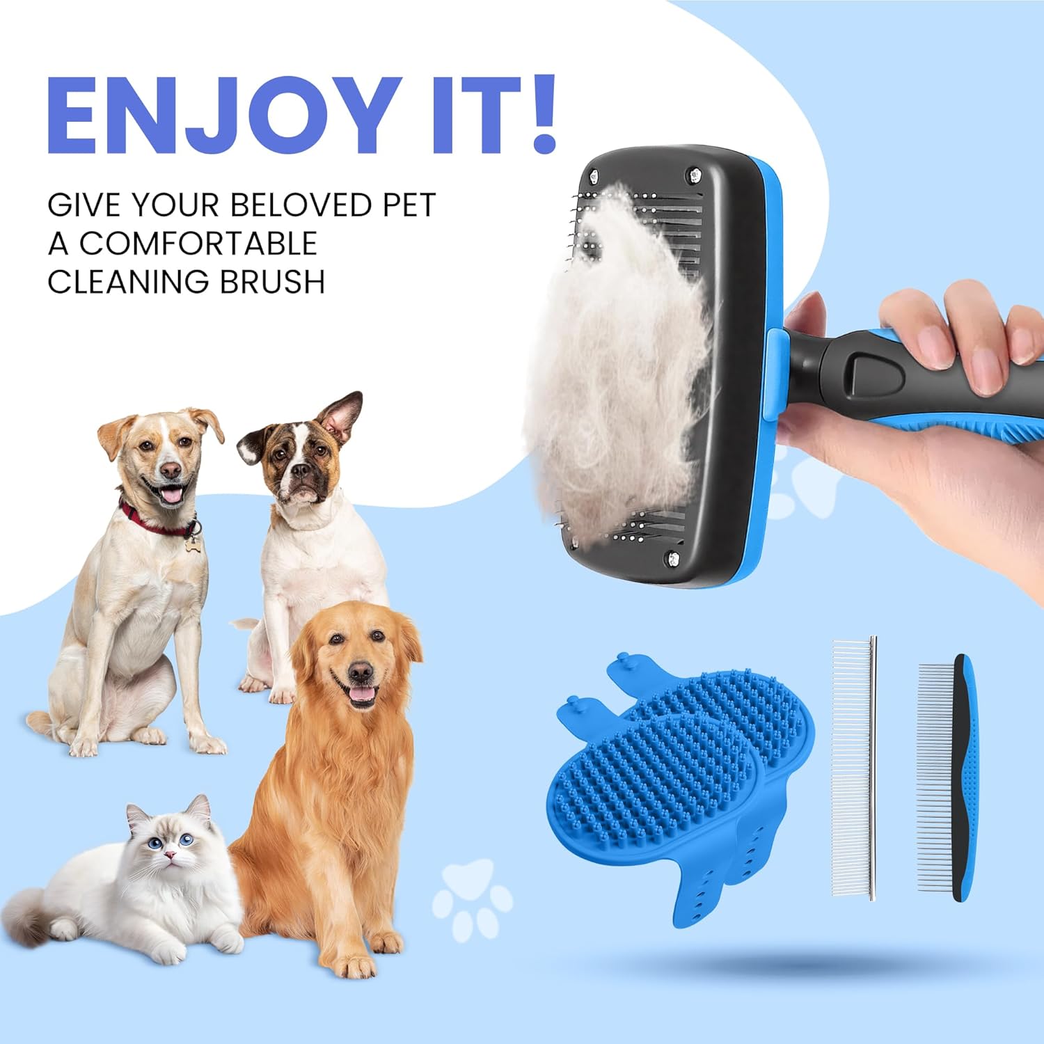 Skiennix Self-Cleaning Shedding Brush - 5-in-1 Professional Grooming Kit for Dogs & Cats | Blue