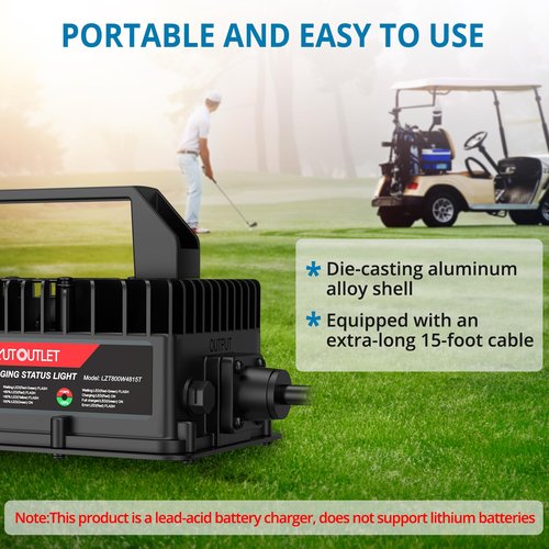 AUTOUTLET 48V 15AMP Golf Cart Charger, Fast Charging with Smart Technology for Lead Acid Battery, Extra-Long Cable with 3-Pin Leaf Plug for Yamaha G29, Drive, Drive2 48V