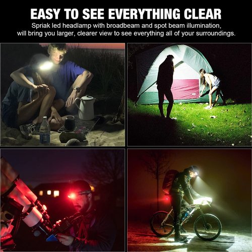 Spriak LED Headlamp, 1000lumens 230° Widebeam Headlight 4 Packs, USB Rechargeable HeadLamp with Red Taillight, Lightweight Waterproof Headband Light for Camping Running Hiking, Hard Hat Headlamp