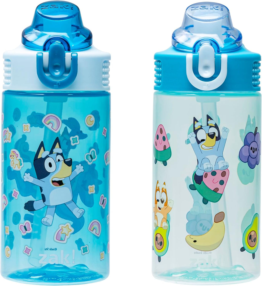Zak Designs Bluey Sage Kids Water Bottle - Durable 16oz Plastic with Straw & Leak-Proof Cover | 2-Pack Set