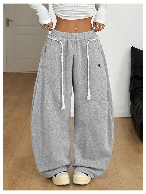 BEAUDRM Women's Baggy Barrel Sweatpants Stacked Elastic Waist Wide Leg Sweat Track Pants Lantern Trouser with Pockets Light Grey Large