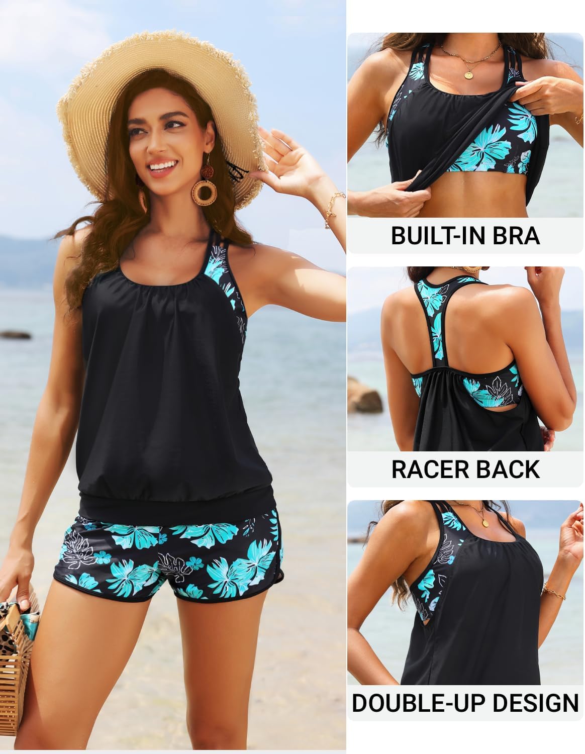 Skiennix Women's Tankini Swimsuit - Tummy Control Blouson with Shorts & Two Pockets, Stylish & Comfortable