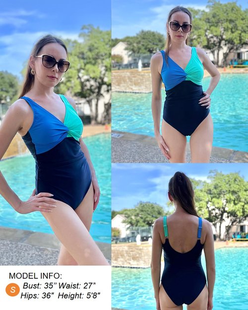 Holipick Blue Green Block Women Tummy Control One Piece Swimsuit - Push Up Bathing Suit Full Coverage Slimming Swimwear M