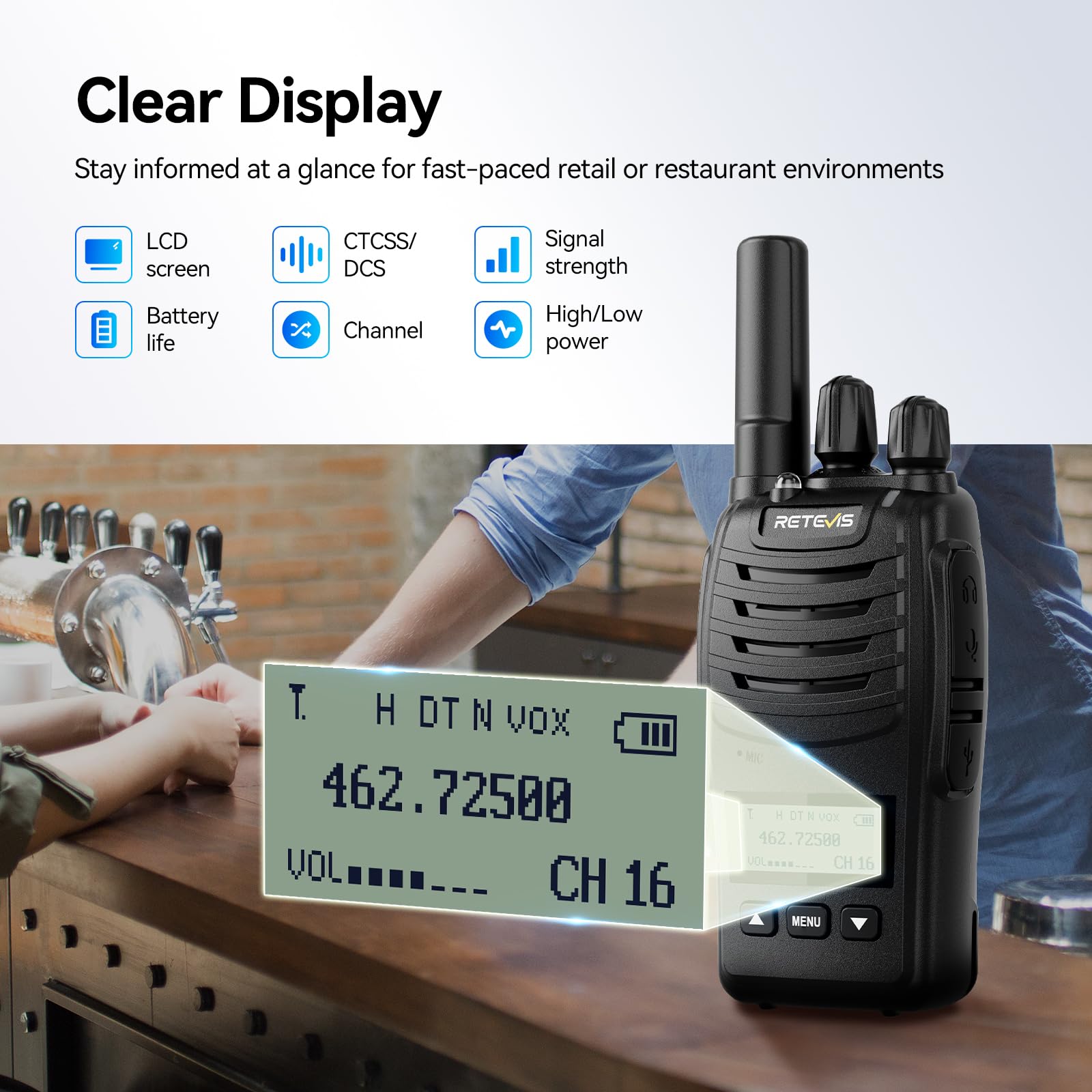 Retevis H777D 2 Way Radio with LCD Display, 2 Pcs, NOAA, USB-C Charging, VOX, Handheld Rechargeable Walkie Talkies, Durable Two Way Radios Long Range for Hunting Camping Off-Road
