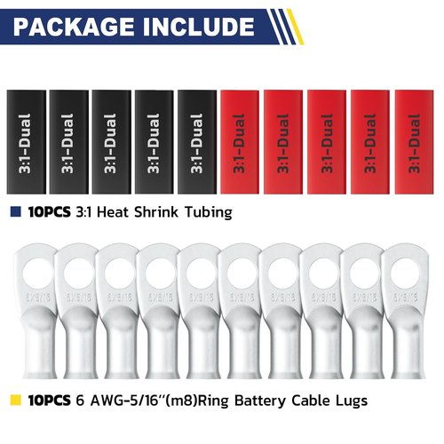 Haisstronica 10PCS 6 AWG Tinned Copper Battery Lugs - Heavy Duty Wire Connectors with Heat Shrink Tubing