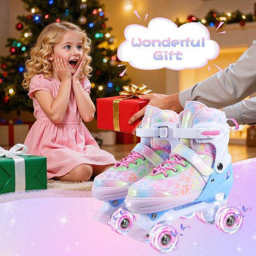 Kids Roller Skates, 4 Size Adjustable Quad Skates with All Light Up Wheels, 10C to 8 Rollerskates for Toddlers, Beginners, Boys, Girls, Outdoor, Indoor, Pink, Medium