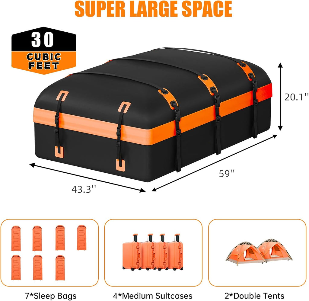 Skiennix Rooftop Cargo Carrier Bag - 30 Cubic Feet Waterproof Soft-Shell Design | Includes Anti-Slip Mat & Straps (Orange)